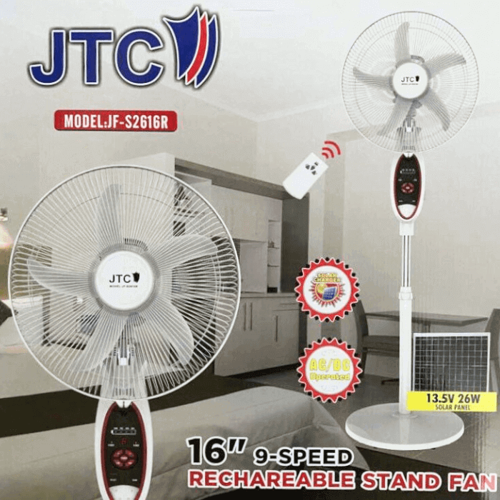 JTC™ Rechargeable Solar Powered Fan | 3-in-1