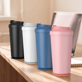 Suction Travel Mug in black, white, blue and pink